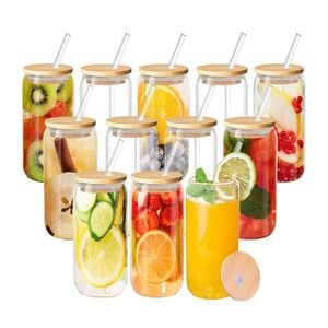 12-Pack Clear Glass Cup Set: Glasses with Bamboo Lids, Straws