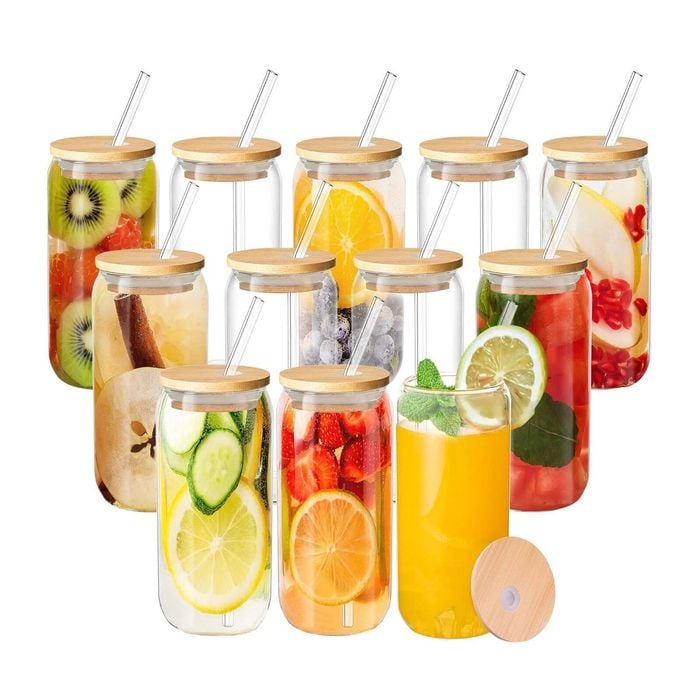 12-Pack Clear Glass Cup Set: Glasses with Bamboo Lids, Straws