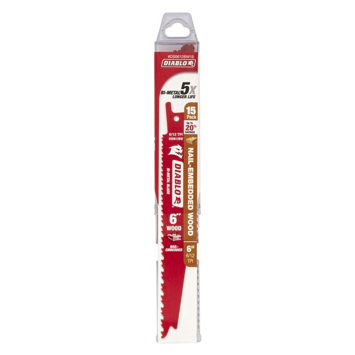 Diablo 150mm 6 / 12TPI Bi-Metal Wood and Nail Reciprocating Saw Blade - 15 Piece