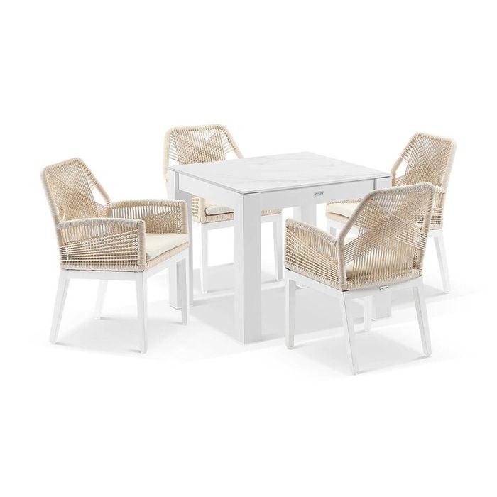 Hugo Outdoor 4 Seater Square Ceramic Top Dining Table White With Chairs & Cream Rope Cushions
