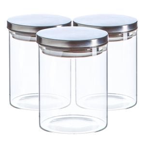 Argon Tableware Glass Storage Jar - Silver Lid - 750ml - Modern Round Scandi Organisation Container Glass Jar - Set Of 3