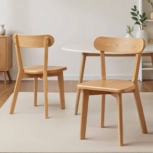 HOMFURN Set of 2 Rubber Wood Dining Chairs, Curved Backrest, Natural Finish, 150kg Capacity, Anti-Slip Feet