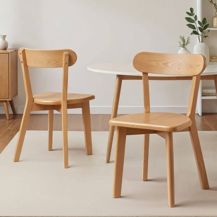 HOMFURN Set of 2 Rubber Wood Dining Chairs, Curved Backrest, Natural Finish, 150kg Capacity, Anti-Slip Feet