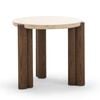 Amaya 55cm Round Travertine Side Table in Cream and Brown Oak