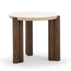 Amaya 55cm Round Travertine Side Table in Cream and Brown Oak