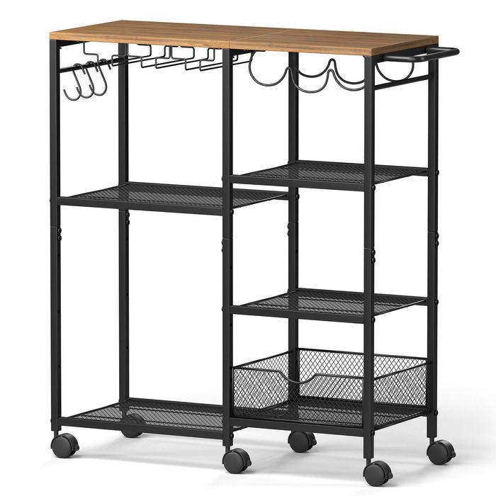 Roomo Rolling Bar Cart with Wheels and Wine Rack, Kitchen Utility Cart