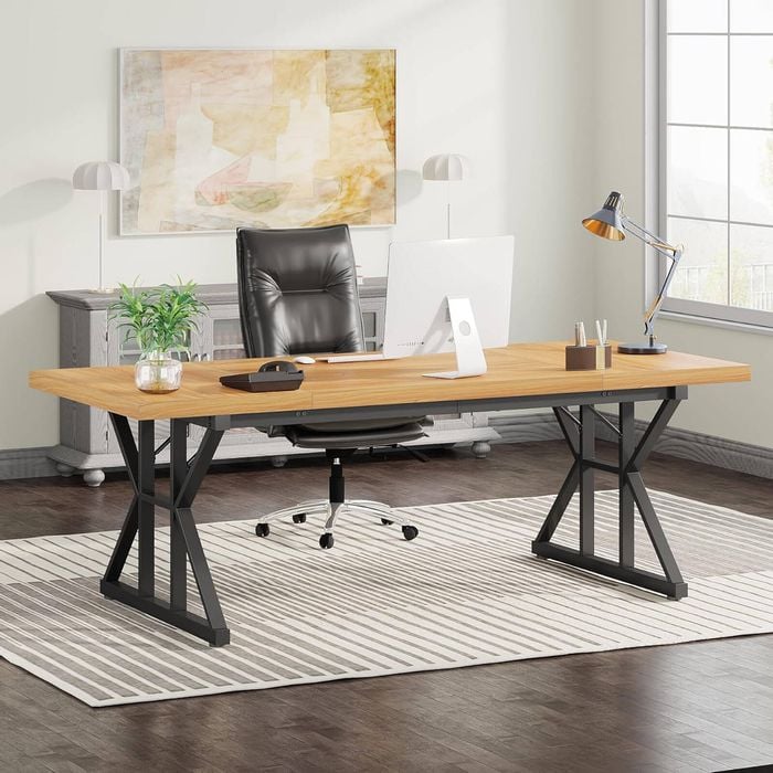 Oakory 180cm Office Desk With Light Walnut Top And Black X Frame