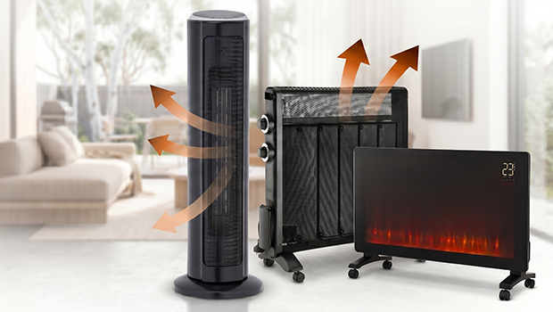 Three black electric heaters in the foreground of a living room with arrows demonstrating the different directions the heat can blow in.