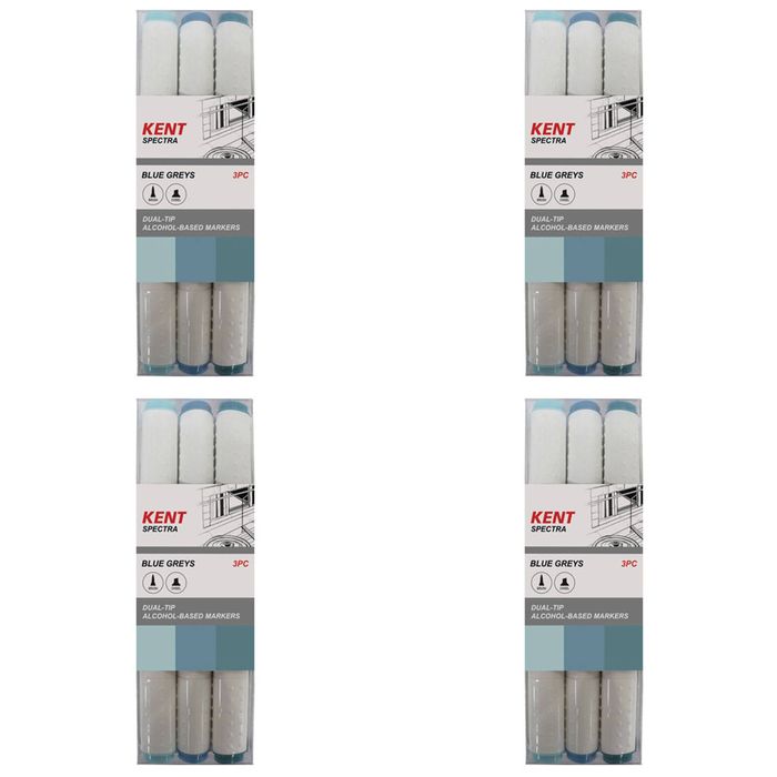 4x 3pc Kent Spectra Graphic Markers Brush Chisel Nib Drawing/design Blue Grey