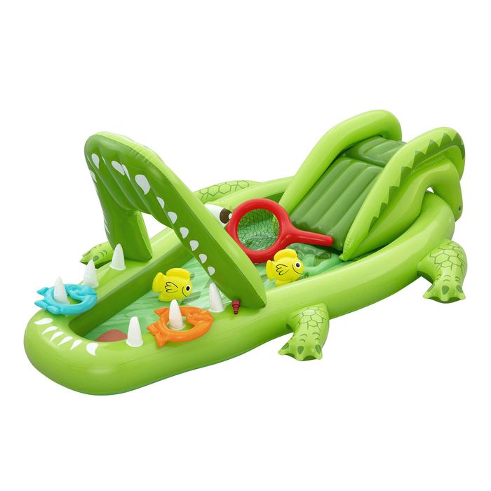 Bestway Inflatable Crocodile Kids Play Pool with Slide Ring Toss Game Fishing Net 234cmx163cm Green
