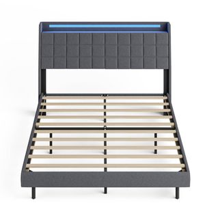 Ufurniture Upholstered Floating Bed Frame with LED Lights and Storage Headboard Double Size Dark Grey