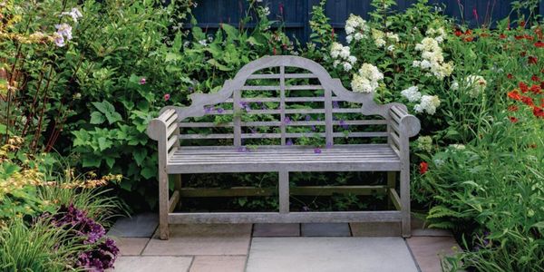 Pathway leads to outdoor bench seat surrounded by a variety of greenery and flowers.