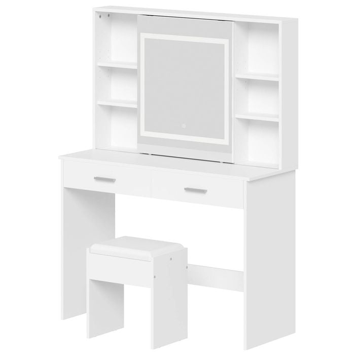 Ufurniture Dressing Table with LED Slide Make up Mirror Hidden Storage Shelf White