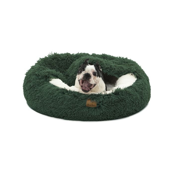 Charlie's Hooded Faux Fur Calming Donut Dog Bed Eden Green - Large