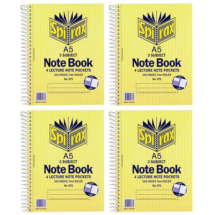 4x Spirax No.572 A5 3 Subject School/uni 300 Pages Notebook 21cm W/ Note Pockets