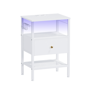 Advwin Bedside Table with Charging Station and LED Lights Adjustable Fabric Drawer White