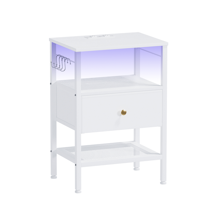 Advwin Bedside Table with Charging Station and LED Lights Adjustable Fabric Drawer White