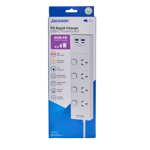 Jackson 4 Outlet Powerboard 4 Individual Switch W USB 2A/2C PD20W White