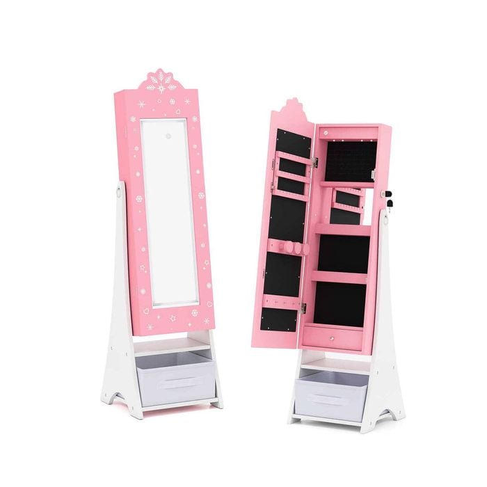 Costway Kid Mirror Jewellery Cabinet Jewelry Armoire Organizer Pink