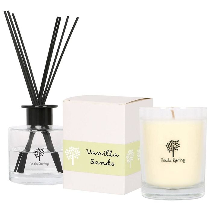 Nicola Spring Soy Wax Scented Candle & Reed Diffuser Set - Vanilla Sands 160g Candle 28 Hour Burn & 200ml Diffuser 60 Day Scent