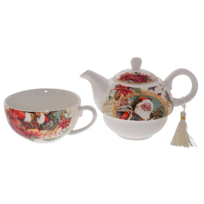 Gibson Gifts Vintage Santa Christmas Bone China Tea Set For One w/ Teapot & Cup