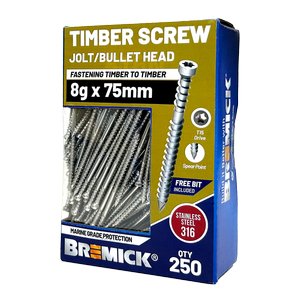 Bremick Jolt/Bullet Head SS316 8 x 75mm T15 Box 250