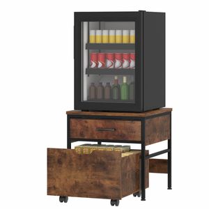 Advwin Mini Fridge Stand with 2 Drawers, Open Shelf, Wheels & Power Outlet, Microwave Refrigerator Rack, Rustic Brown