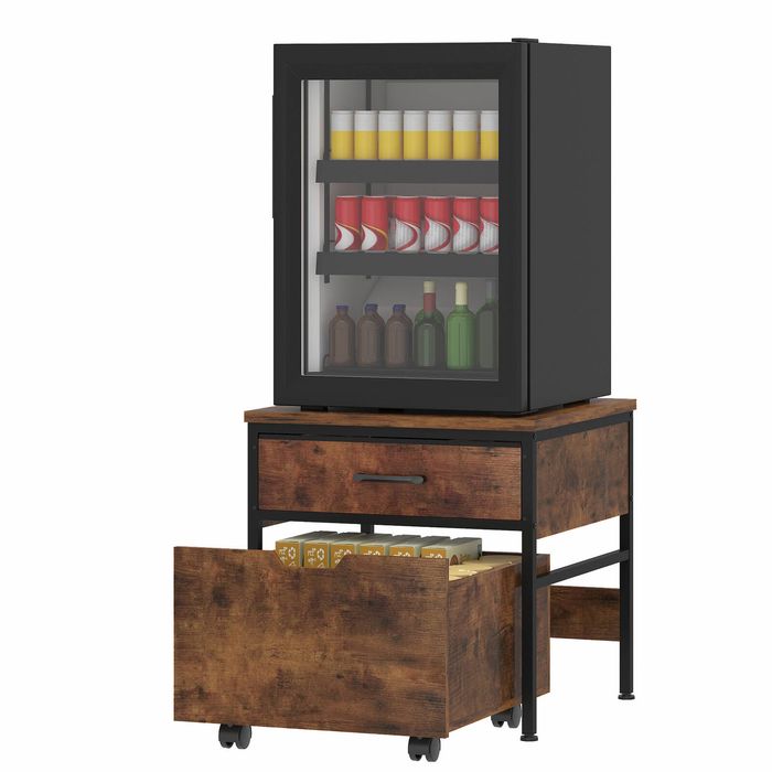 Advwin Mini Fridge Stand with 2 Drawers, Open Shelf, Wheels & Power Outlet, Microwave Refrigerator Rack, Rustic Brown