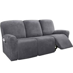 Smarcute 3 Seater Velvet Recliner Chair Sofa Couch Cover 8 Piece for 3 Cushion Seat Grey