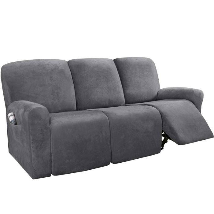 Smarcute 3 Seater Velvet Recliner Chair Sofa Couch Cover 8 Piece for 3 Cushion Seat Grey