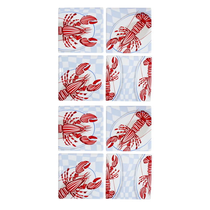 2x 4pc Lvd Square Glossy Lobsters Ceramic Coaster Set Tableware 10x10cm