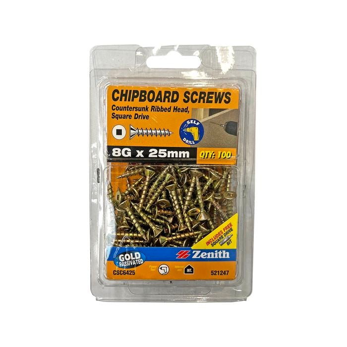 Zenith 8G x 25mm Gold Passivated Square Drive Chipboard Screw - 100 Pack