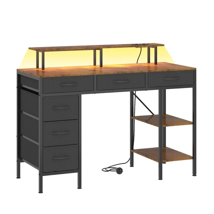 Advwin Gaming Desk with LED Lights & Power Outlets, 120cm Computer Desk with 6 Fabric Drawers