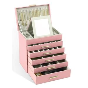 CARLA HOME  6-Layer Large Jewelry Organizer Box for Women with Mirror, Drawers, Hooks & Dividers (Pink)