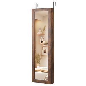 Costway Wall Mount Jewellery Cabinet W/mirror Led Lights Bedroom Brown
