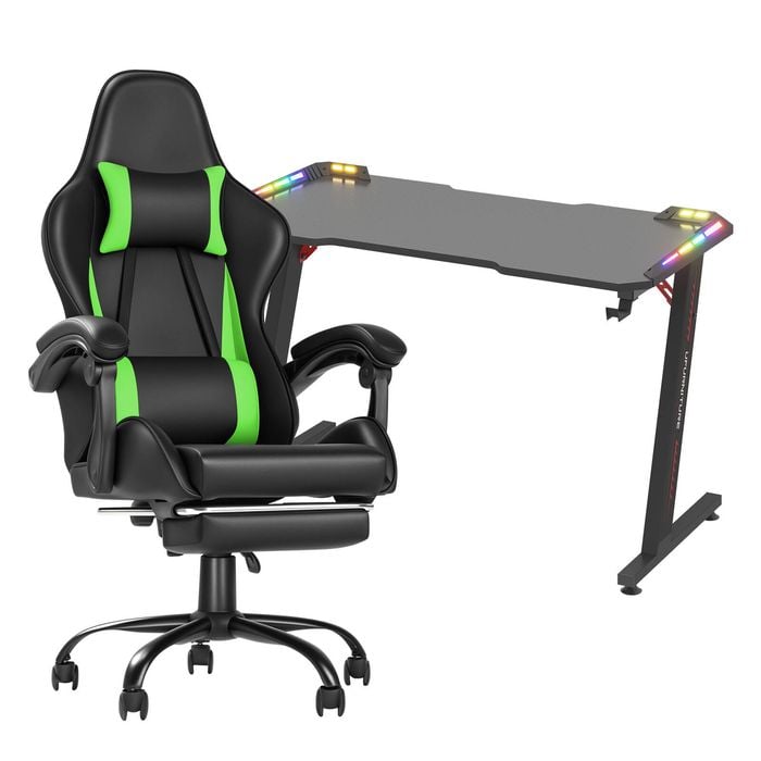 Advwin Gaming Office Desk 120cm Led Light & Gaming Chair With Footrest Green