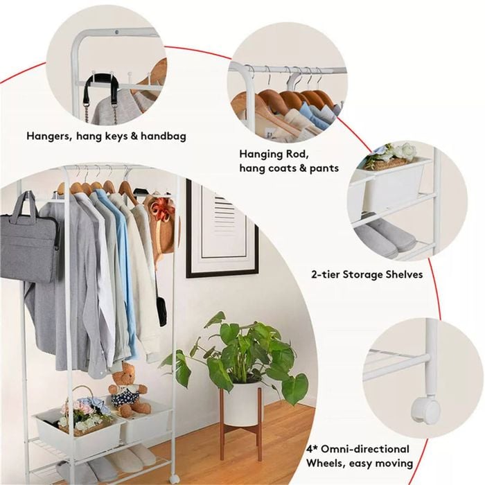 P&P White Metal Rolling Clothes Rack With Dual Wire Shelves