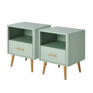 Oikiture Set of 2 Bedside Table 1 Drawer Open Shelf Nightstand Green