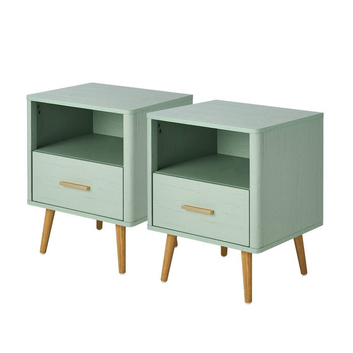 Oikiture Set of 2 Bedside Table 1 Drawer Open Shelf Nightstand Green