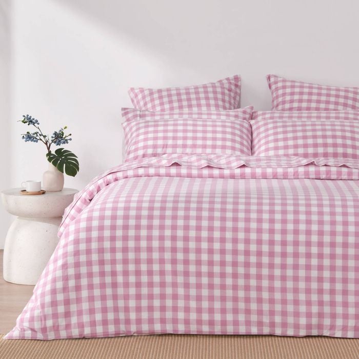 Dreamaker Lola Washed Cotton Yarn Dyed Gingham Quilt Cover Set Pearl Pink Single