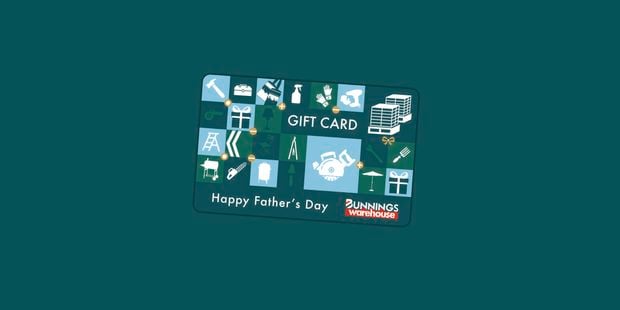 Bunnings Warehouse Father’s Day gift card displayed on a teal background. The gift card features illustrated home improvement, garden and tool icons, with the text “Gift Card” and “Happy Father’s Day.”