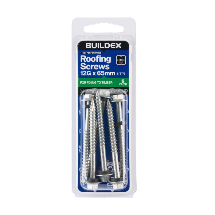 Buildex 12G x 65mm Class 3 Roofing Screws With Seal - 6 Pack