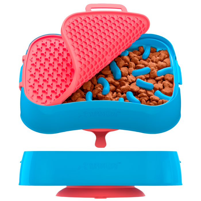 Super Feedy, Versatile 4-in-1 Slow Feeder Dog Bowl - Blue/ Reversible Ocean Red Lick Mat