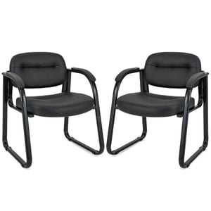 Costway Conference Chair Set of 2 PU Leather Office Waiting  Meeting Room Chair w/Paded Cushion Black