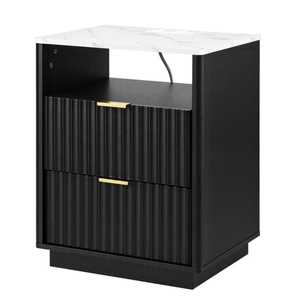 HOMFURN Black Bedside Table with Charging Station and 2 Drawers
