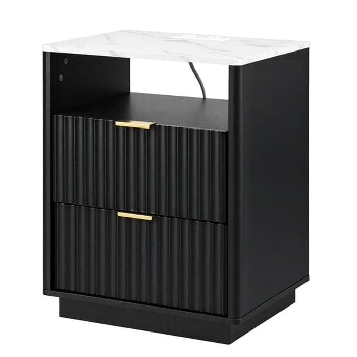 HOMFURN Black Bedside Table with Charging Station and 2 Drawers
