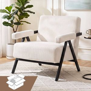 HOMFURN White Corduroy Armchair, Black Iron & Wood Frame, 150kg Capacity Accent Chair for Living Room & Bedroom