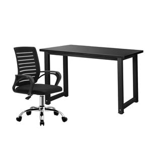Oikiture Home Office Desk and Chair Set Black Study Work Table Mesh Office Chair
