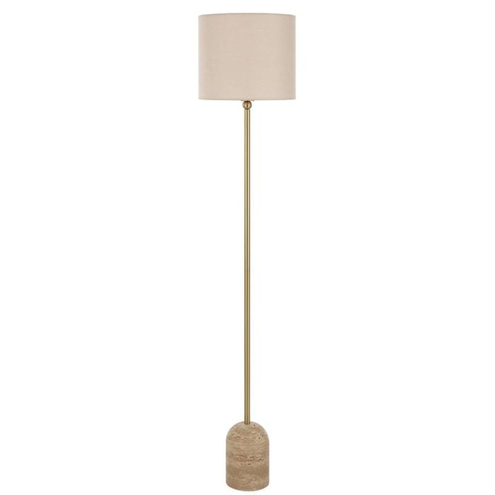 Telbix Livia Modern Standing Floor Lamp Light Foot Switch Travertine Fabric Metal Beige Antique Gold Cream Gloss