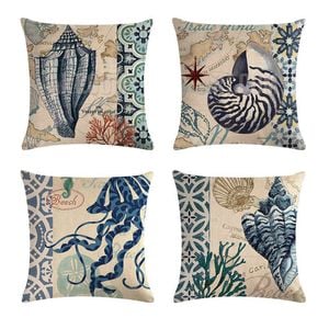 Catzon 4 Pcs Sea Theme Throw Pillow Covers Square Linen Pillowcase for Couch